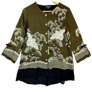 Citron Santa Monica Blouse Women Med Olive Green Floral 100% Silk Luxe Old Money